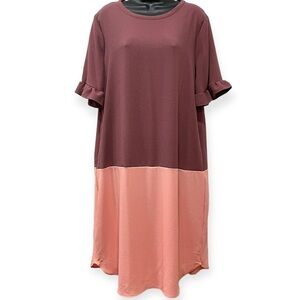 Ces Femme Women L Dress Two Tone Ruffle Short Sleeve Pockets Shirt Tail Hem NWOT